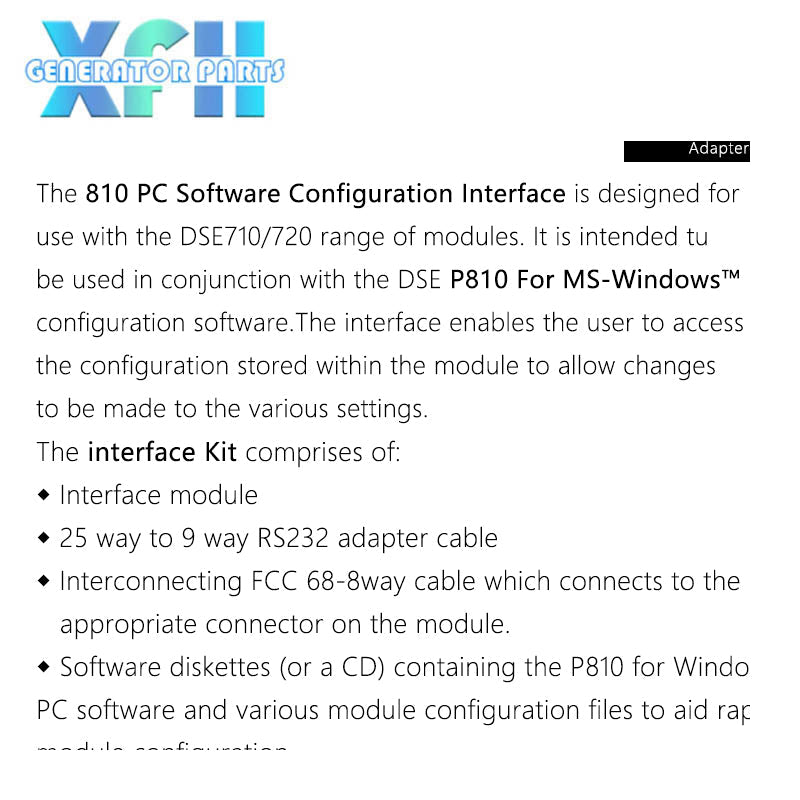 P810 Replaced DSE810 PC Configuration Software Interface - XFH generator parts